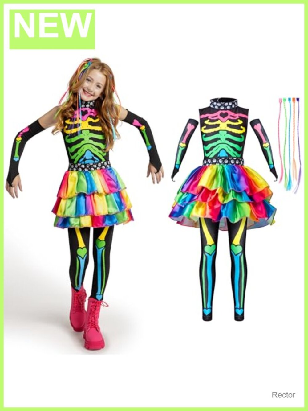 Kids Skeleton Costume Set with Shirt Skirt Leggings Sleeves Hair Ext